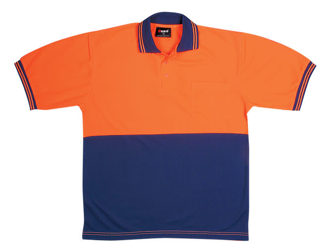 A bright orange and navy Hi Vis polo shirt featuring a pocket and contrasting stripes. It has a logo on the collar. Hi Vis Polo - Image 1