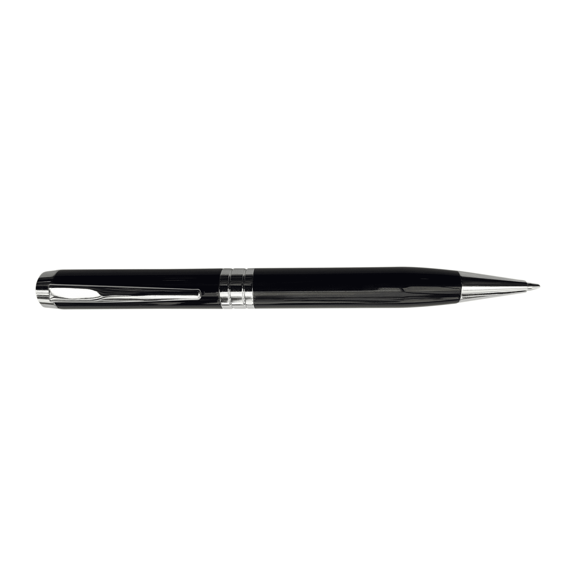 A black metal pen with silver accents and a clip, featuring a sleek design and a polished finish. Extige - Image 1