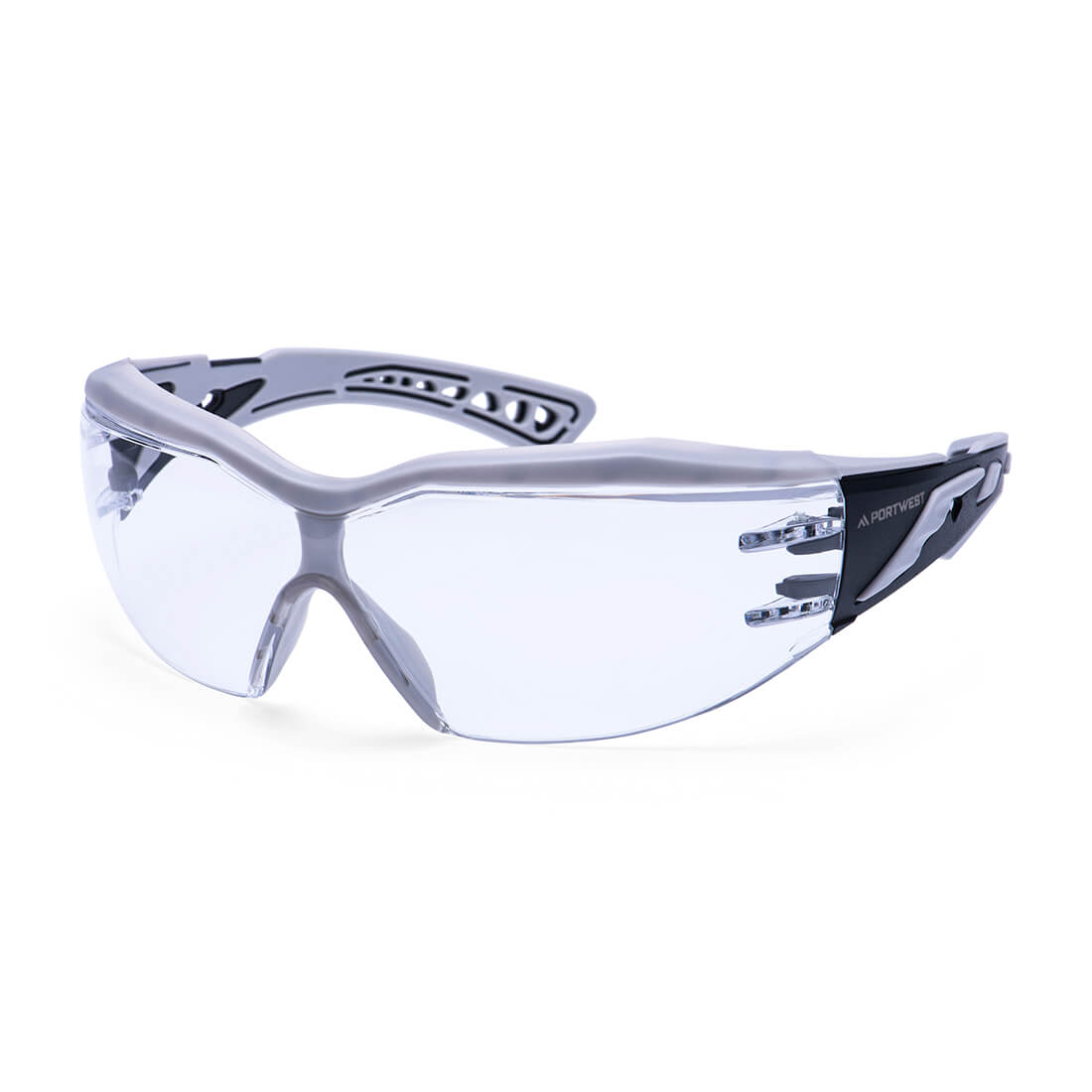 Safety glasses with a clear lens and grey frame, featuring a sleek design and a logo on the side. Dynamic Plus Safety Glasses - Image 1