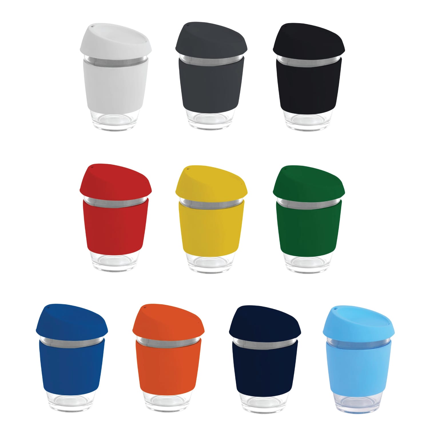 A set of reusable glass coffee cups in various colours, each with a silicon lid and band, featuring a logo. Moama Glass Coffee Cup - 350Ml With Silicon Lid And Band - Image 1
