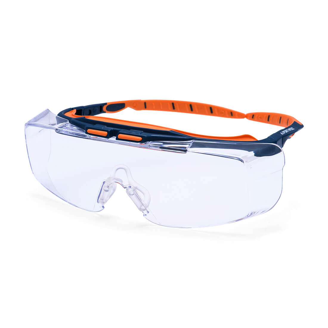 Peak OTG safety glasses with a clear lens and a black and orange adjustable strap. Features a logo on the frame. Peak OTG Safety Glasses - Image 1