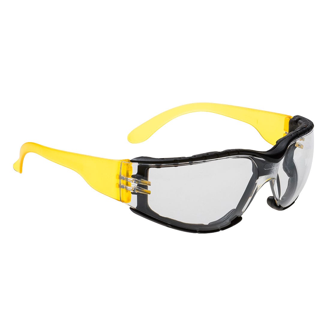 A pair of safety spectacles featuring clear lenses with a black frame and yellow ear grips. The design includes a logo. Wrap Around Plus Safety Glasses - Image 1