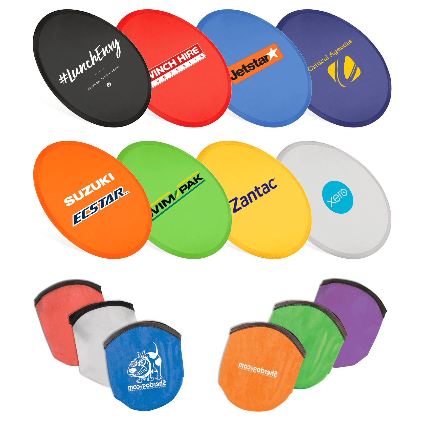 A collection of colourful nylon foldable flyers in various colours, featuring multiple logos and a set of mesh bags. Nylon Foldable Flyer - Image 1