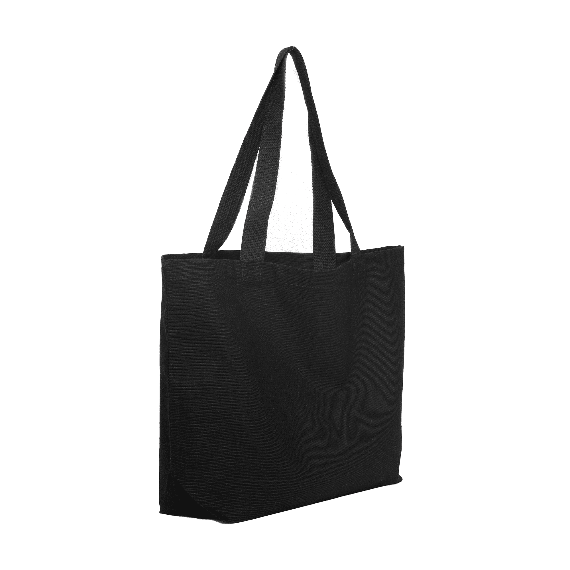 A black canvas tote bag with long handles and a simple design. It features a logo on the front. Maxi Coloured Canvas Tote Bag - Image 1