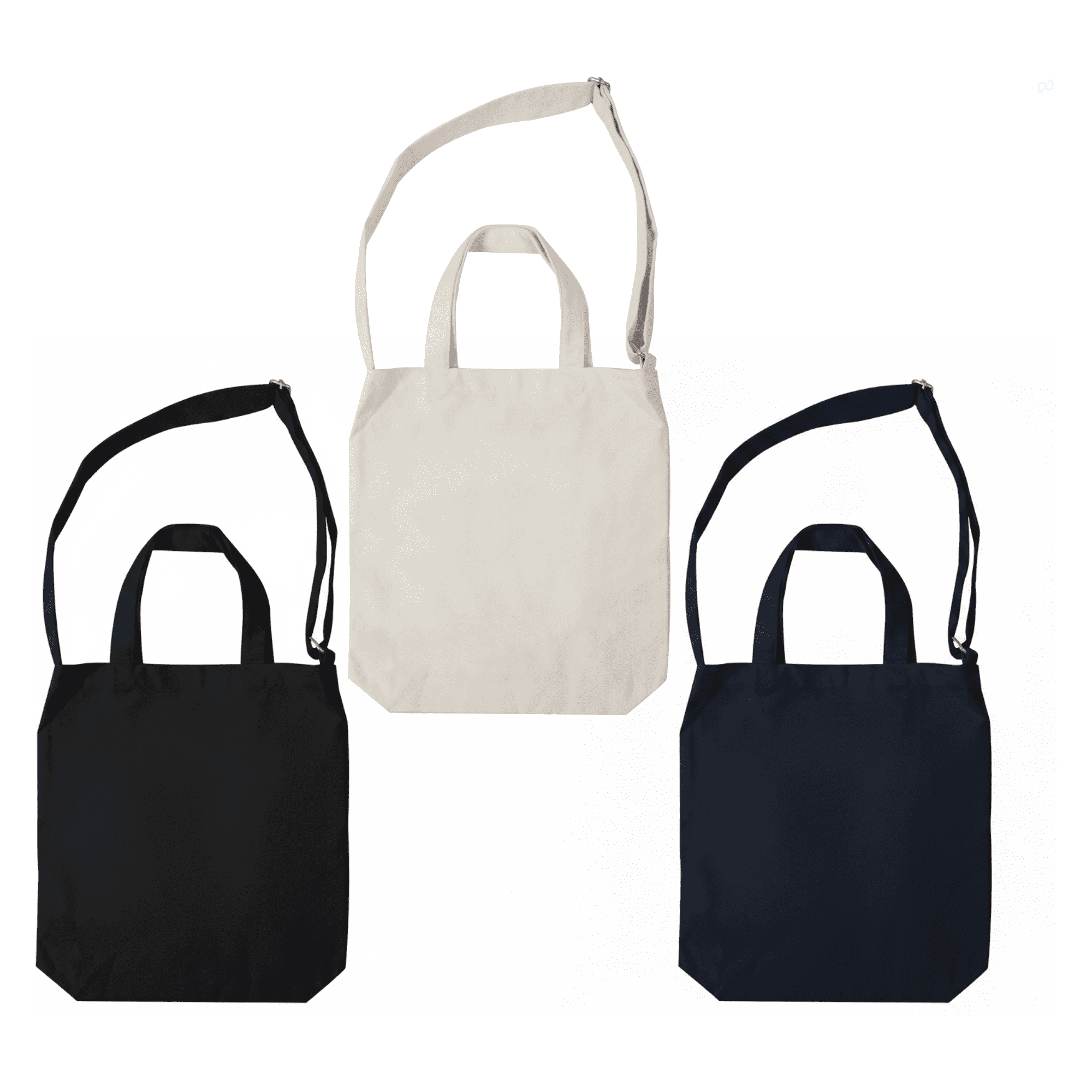 A set of three plain tote bags in black, cream, and navy, featuring handles and a logo on one. Plain Jane Tote Bag - Image 1