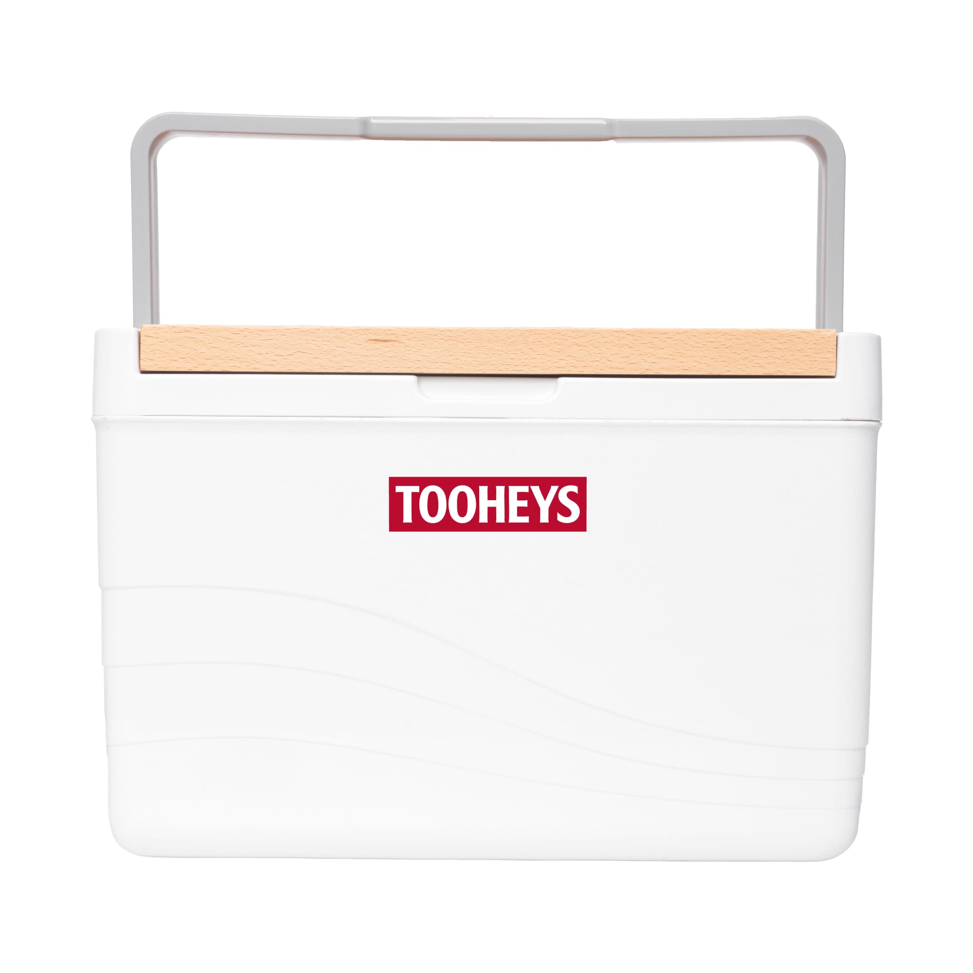 A white cooler box with a wooden handle and a logo on the front. Suitable for keeping items cool. 11L Premium Cooler Box - Image 1