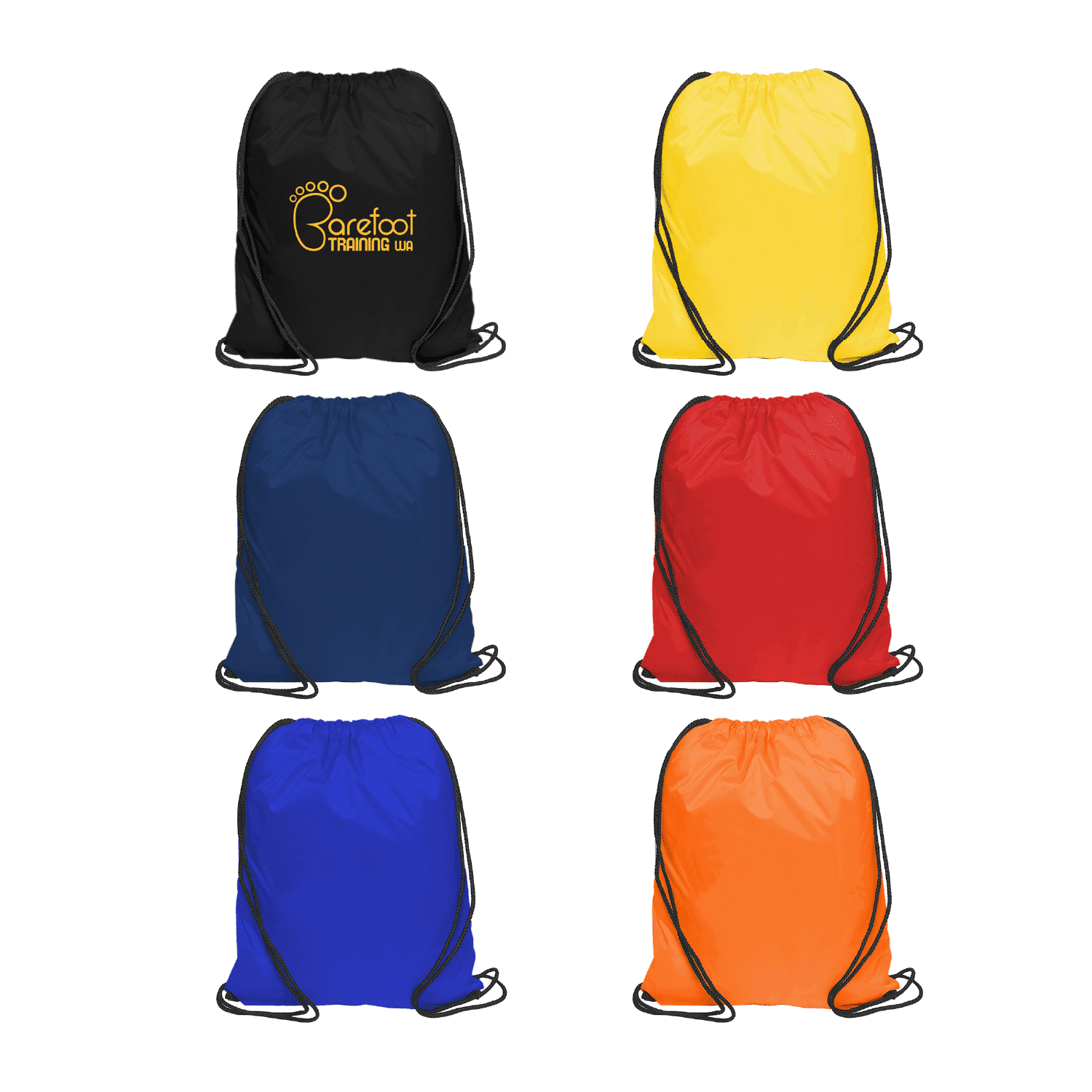A set of nylon drawstring bags in black, yellow, blue, red, and orange, featuring a logo on the black bag. Nylon Drawstring Bag - Image 1