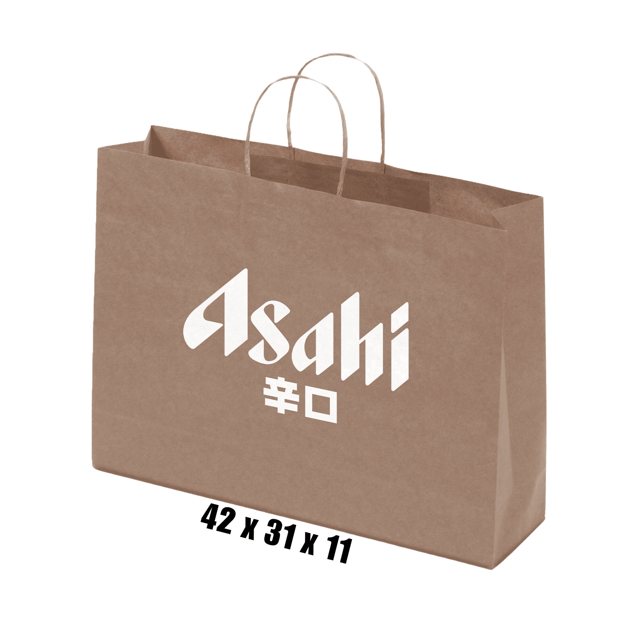 A brown kraft paper bag with a twisted paper handle and a logo, measuring 42 x 31 x 11 cm. Kraft Paper Bag Brown Landscape Includes Twisted Paper Handle - Image 1