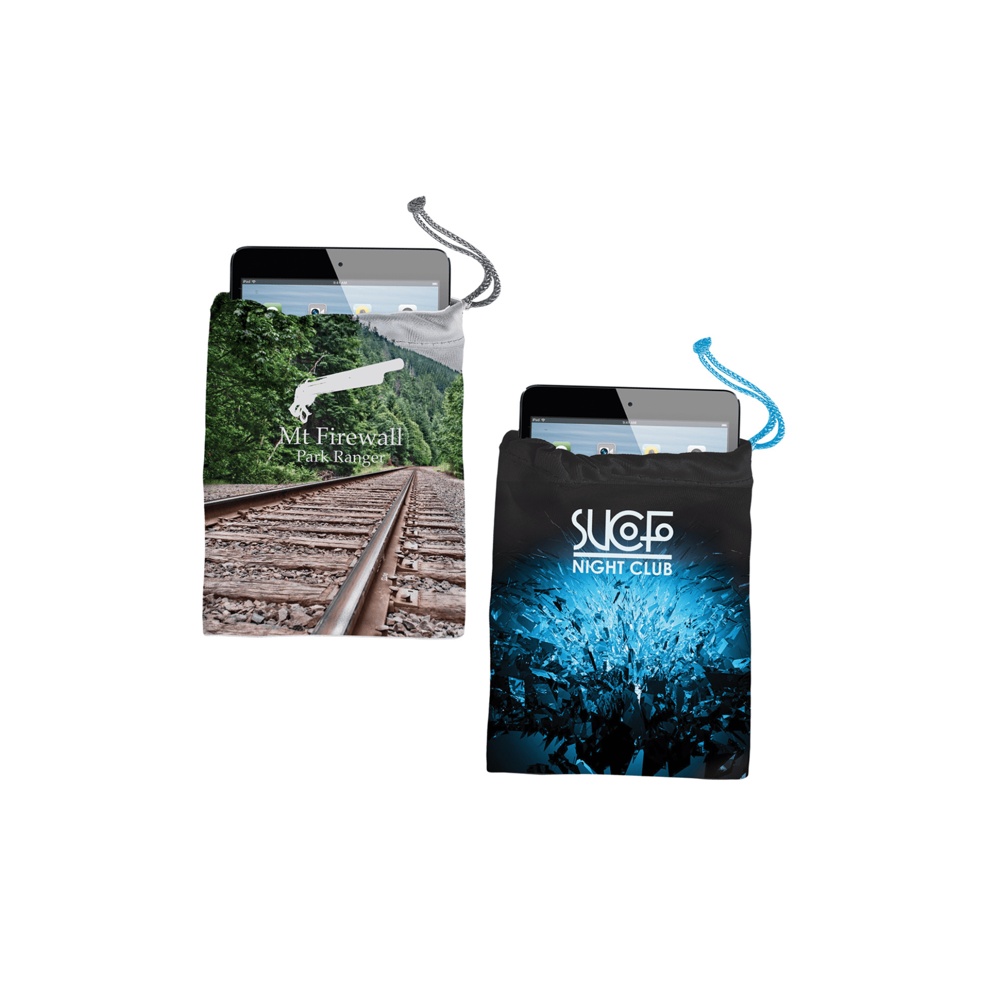 Microfibre pouches for sunglasses or phones in grey and black, featuring different designs and a drawstring closure. Microfibre Sunglass / Phone Pouch - Image 1