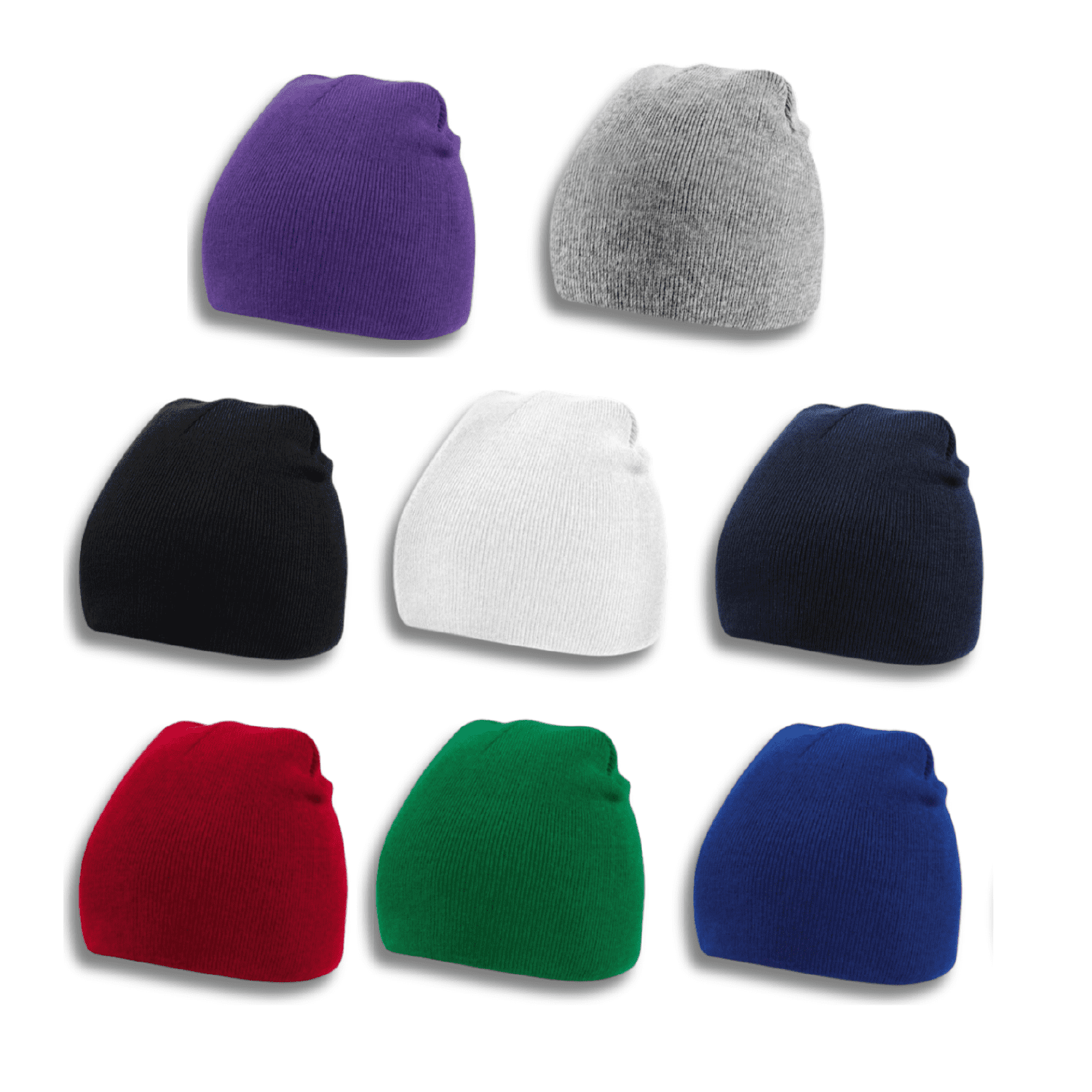 Acrylic beanie hats in various colours: purple, grey, black, white, navy, green, red, and blue, arranged in a grid. Acrylic Beanie Hat - Image 1