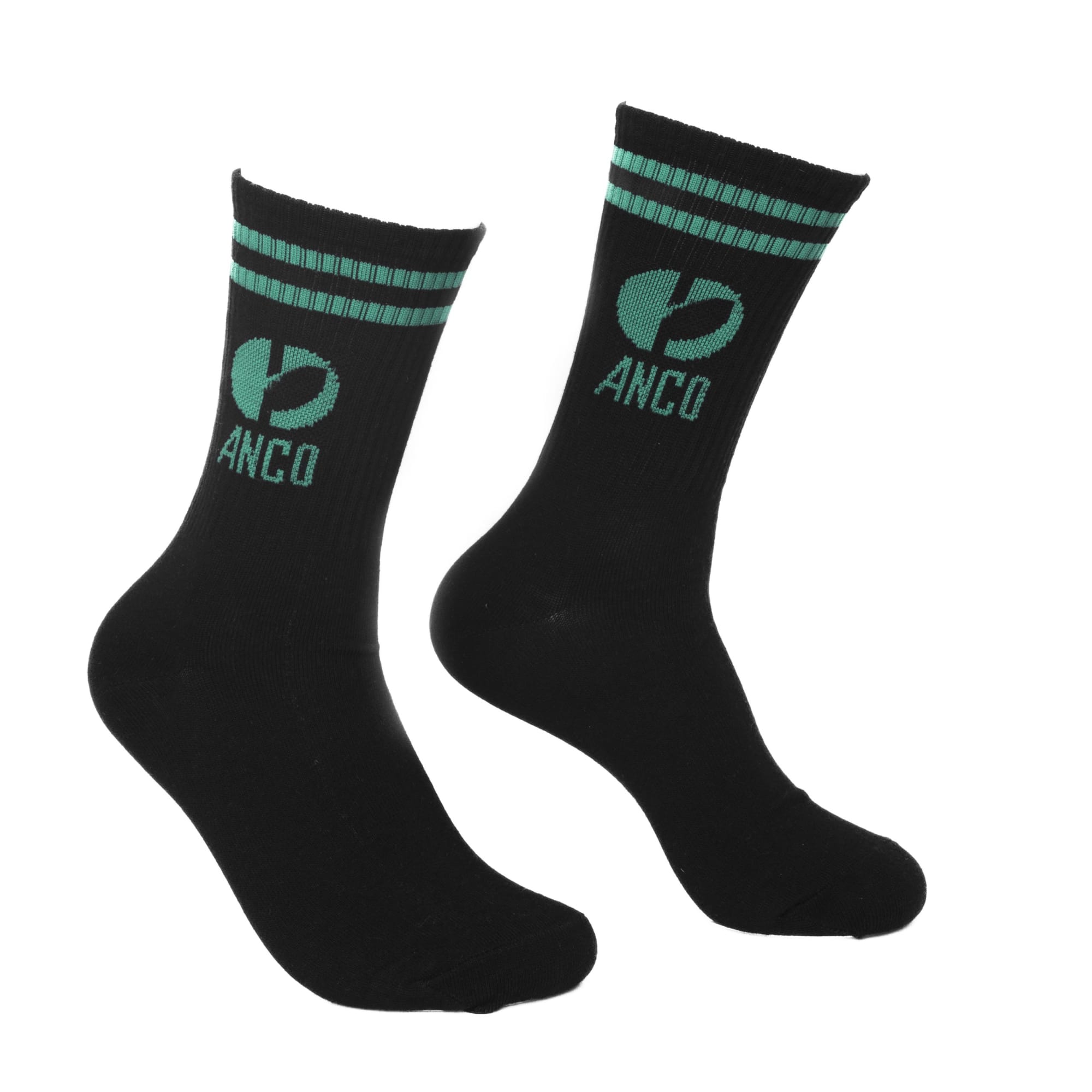Crew Jacquard Socks in black with green stripes and a logo featuring the brand name. Snazzy Crew Jacquard Socks - Image 1