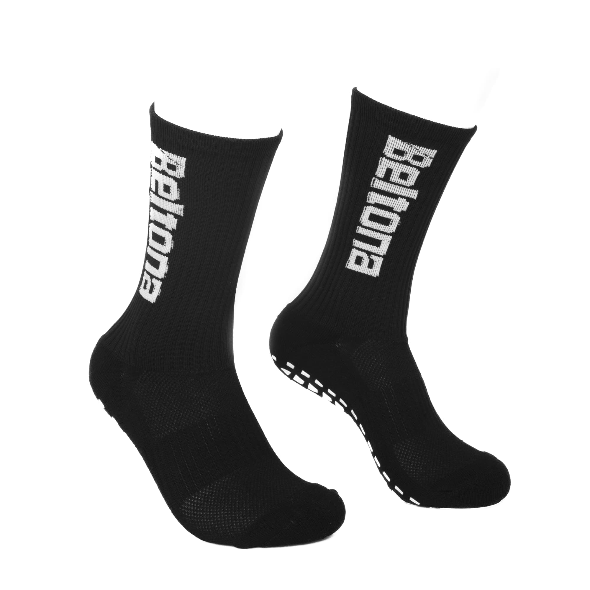 Black crew socks featuring a textured design and a logo. Suitable for various activities. Snazzy Crew Gripper Socks - Image 1