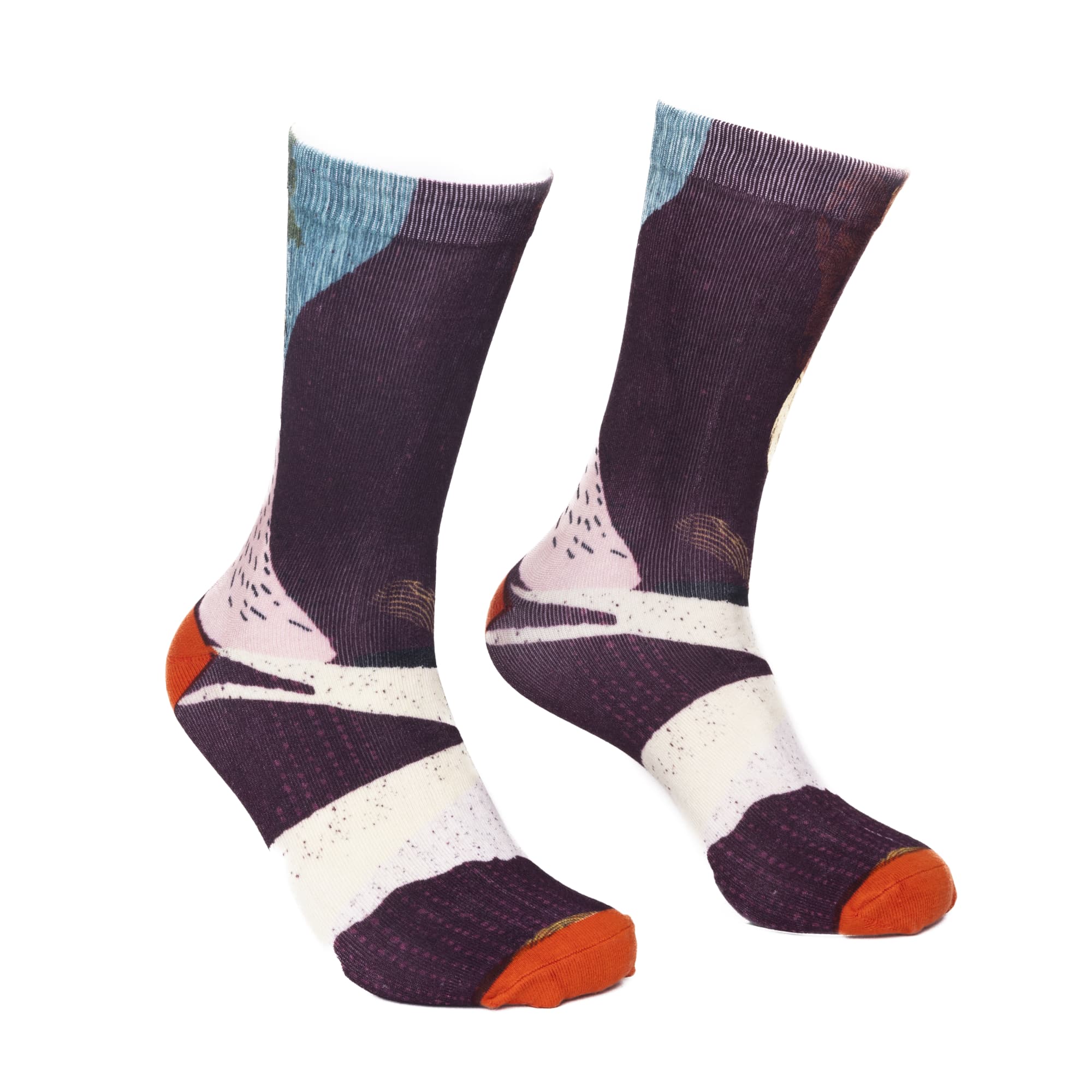 Crew sublimated socks featuring a multicoloured abstract design with shades of purple, orange, and blue, alongside a logo. Snazzy Crew Sublimated Socks - Image 1