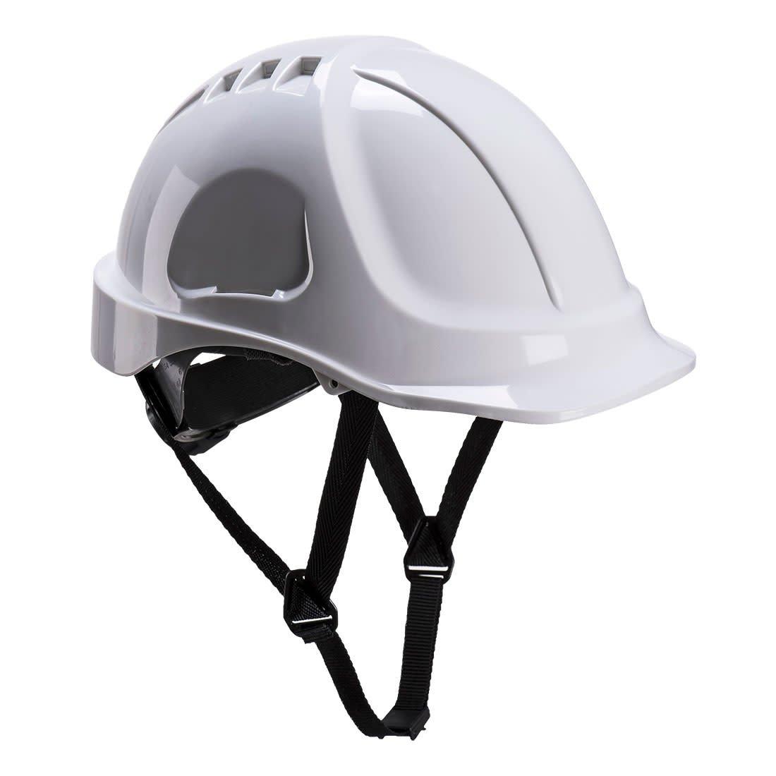 A white helmet featuring ventilation slots and adjustable straps. It has a logo on the side. Endurance Plus Helmet - Image 1