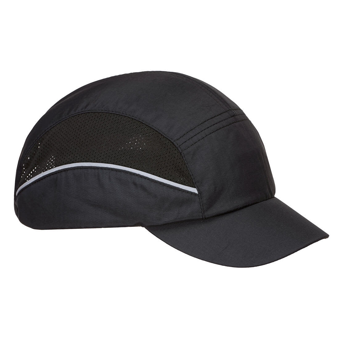 A black bump cap with mesh ventilation and a curved peak. It features a logo on the side. AirTech Bump Cap - Image 1