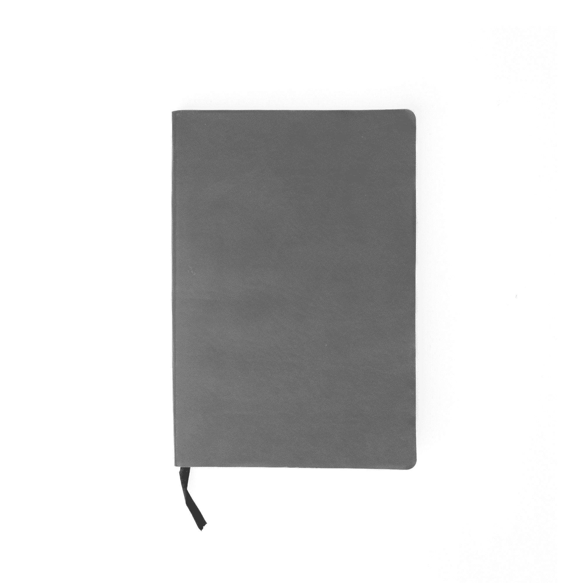 A grey notebook with a soft smooth PU cover and a black ribbon bookmark, featuring a logo on the front. Soft Smooth Pu Covered Notebook - Image 1