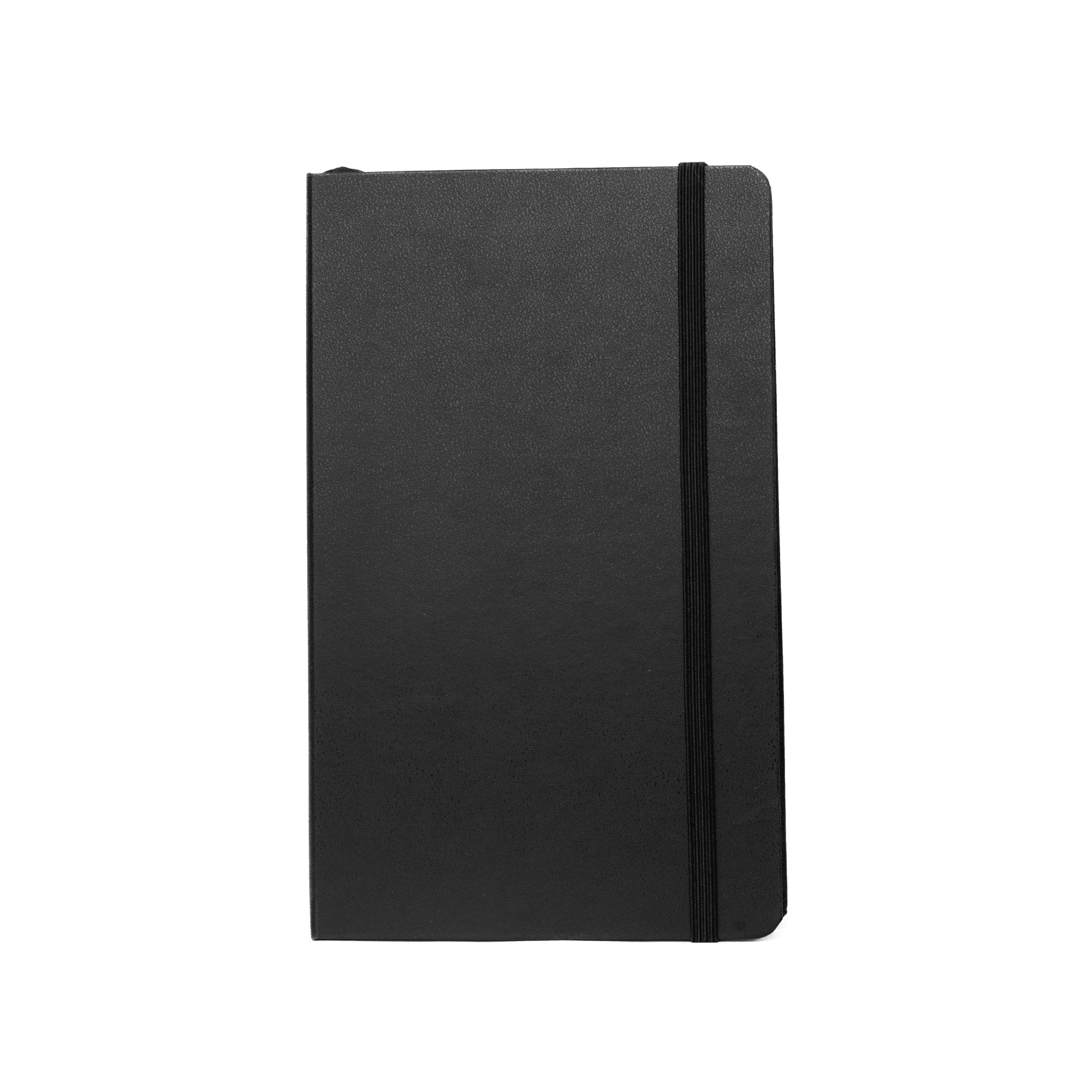 A5 premium hard cover notebook in black with an elastic band closure and a logo on the front. Premium Hard Cover Notebook - A5 - Image 1