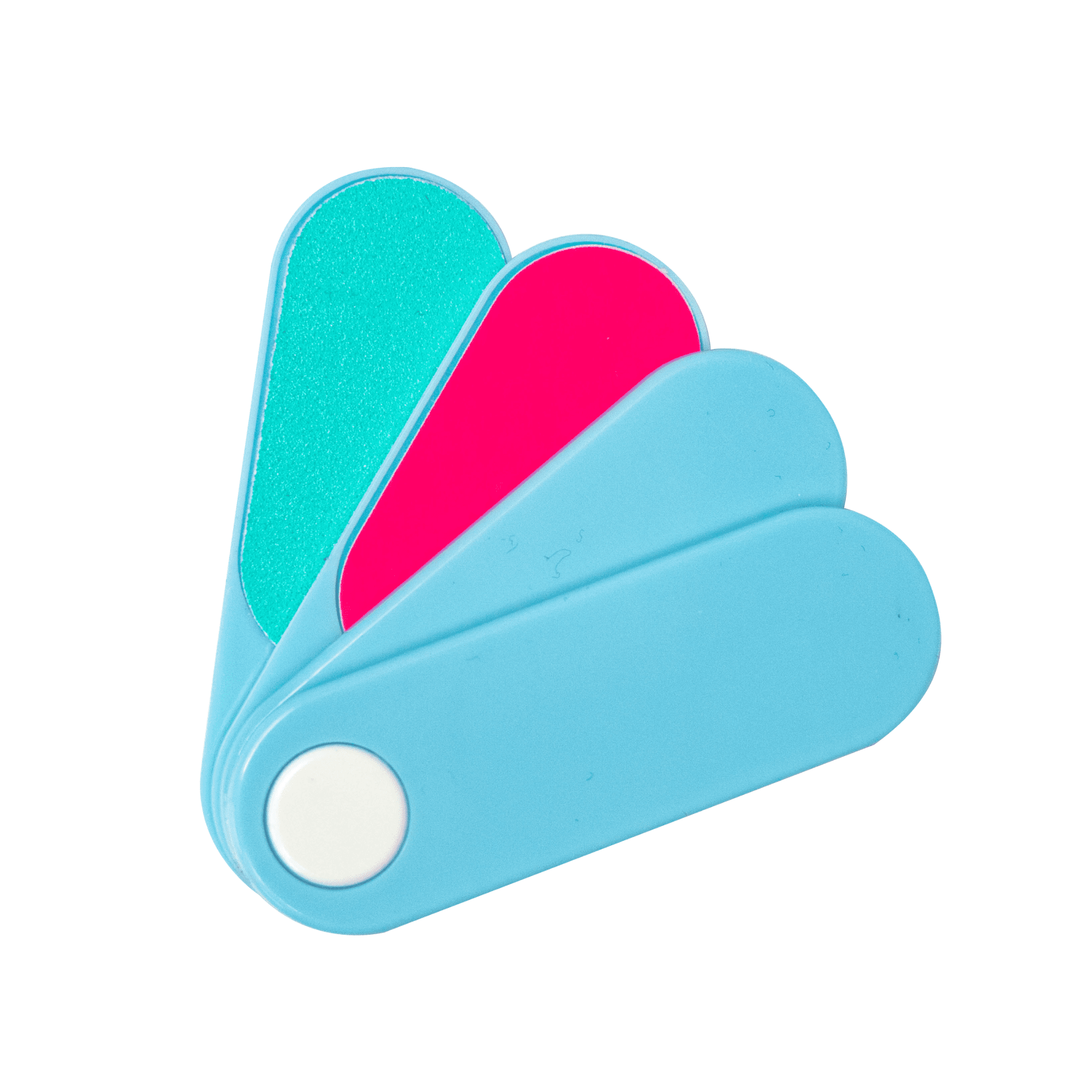 A swivel nail care kit featuring a blue case with three nail files in aqua, pink, and a glittery teal finish. Swivel Nail Care Kit - Image 1