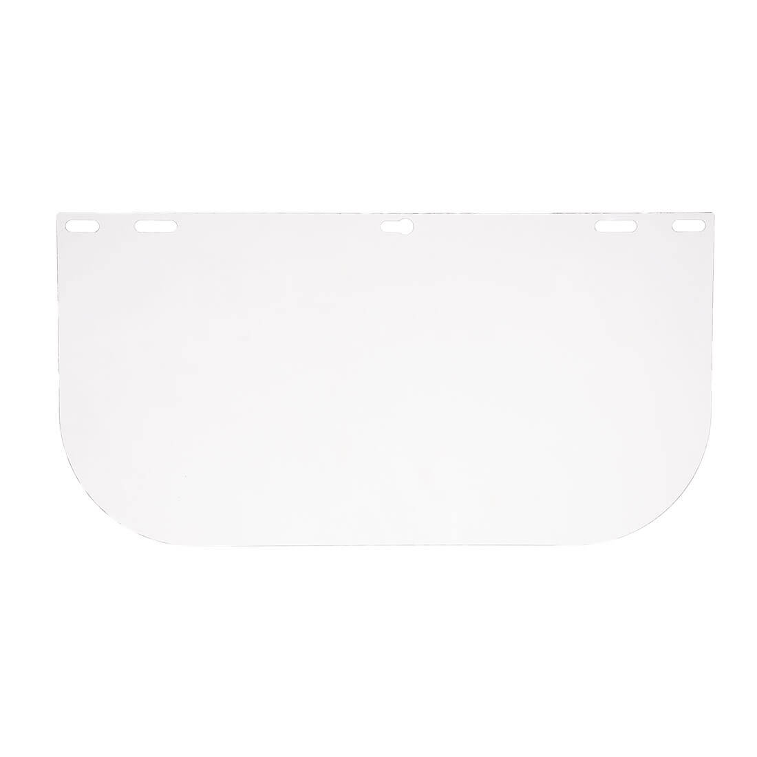 A white protective visor with a rounded bottom and multiple holes for attachment. Clear Protective Visor - Image 1