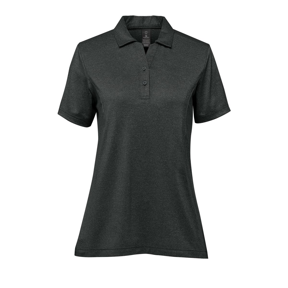 A women's short-sleeve polo in dark grey, featuring a classic collar and three buttons, with a logo on the chest. Women's Volante H2X-DRY Polo - Image 1