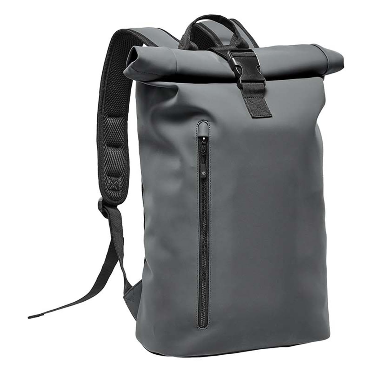 A grey roll-top backpack featuring a front zip pocket and adjustable straps. It has a logo on the design. Sargasso Backpack - Image 1