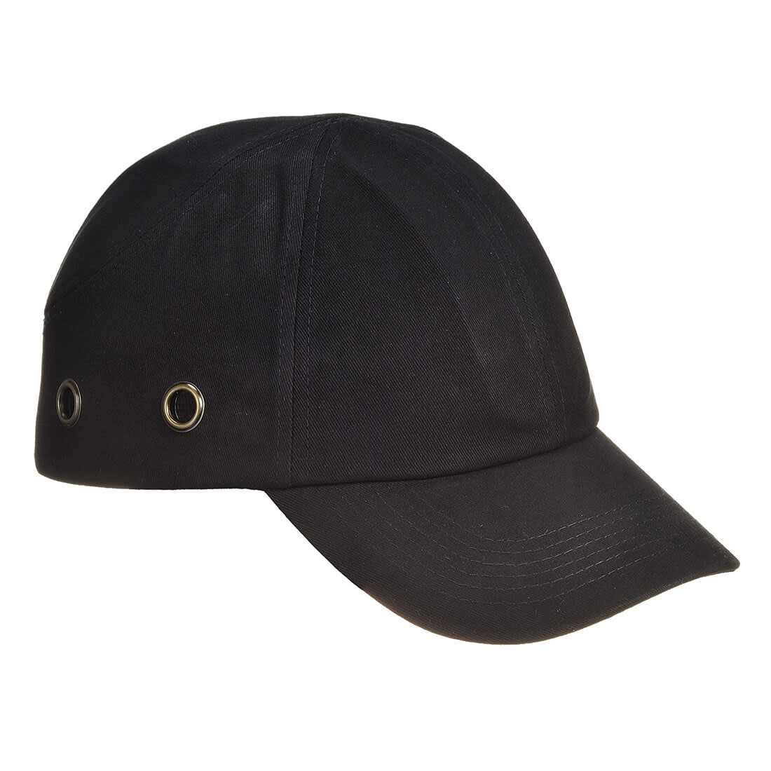 A black bump cap with ventilation eyelets, designed for safety wear in uniforms. It features a curved peak. Portwest Bump Cap - Image 1