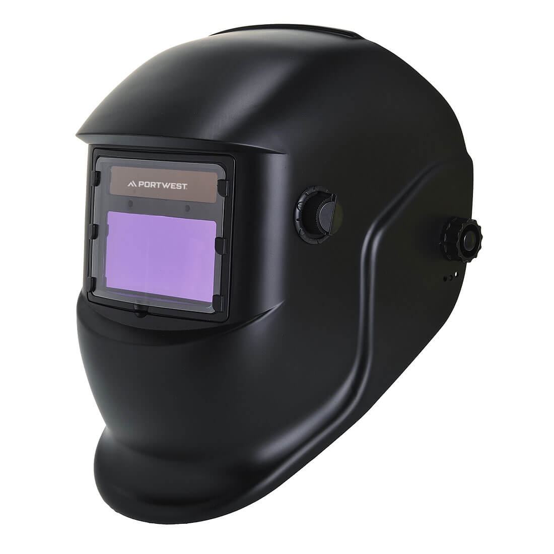 A black welding helmet with an adjustable visor and a logo on the side. BizWeld Plus Welding Helmet - Image 1