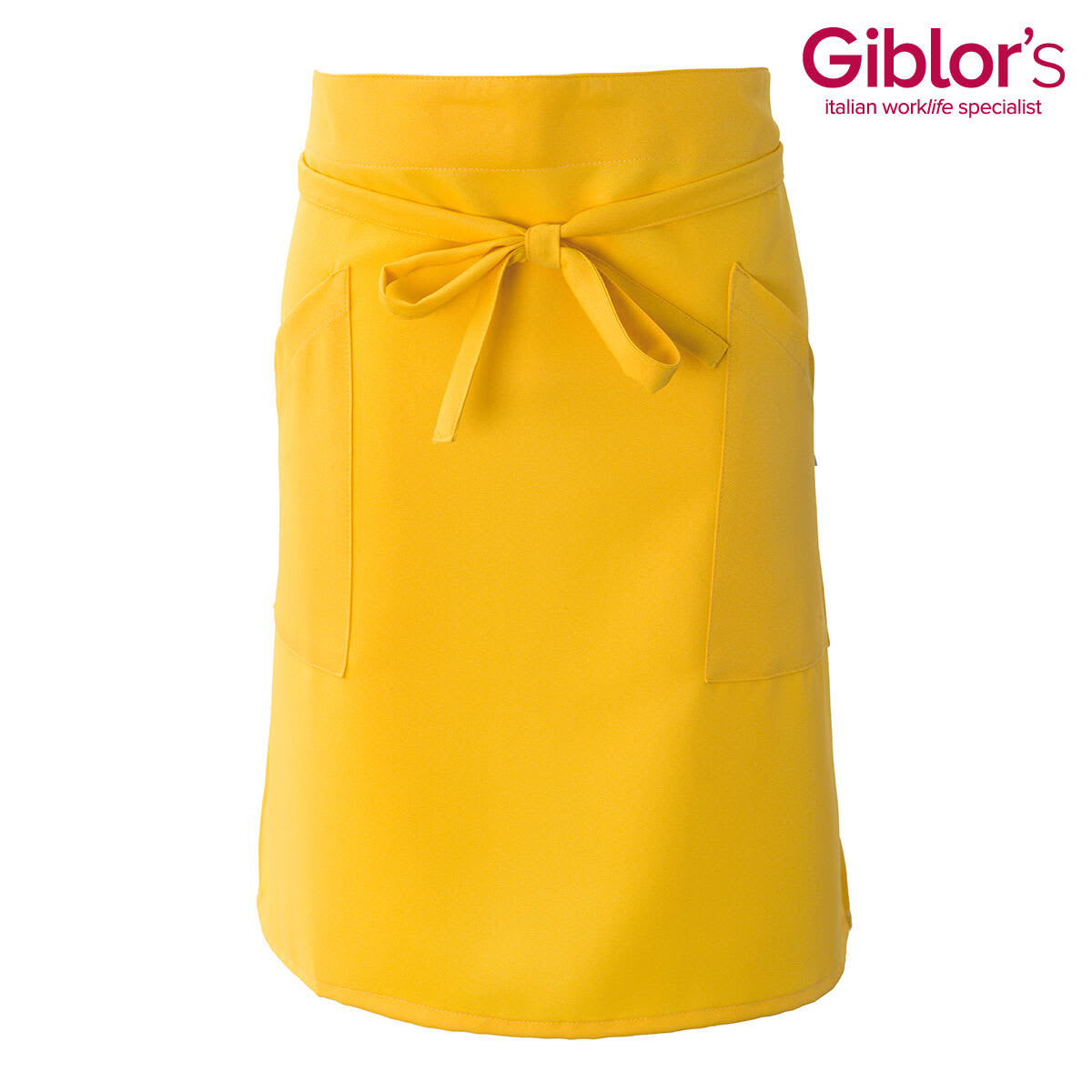 A bright yellow apron with a tied waist and two front pockets. It features a logo brand. Positano Apron - Image 1