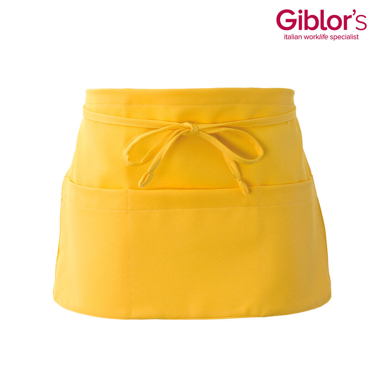 A yellow apron featuring a tied front and two pockets, with a logo in the upper corner. Pub Apron - Image 1