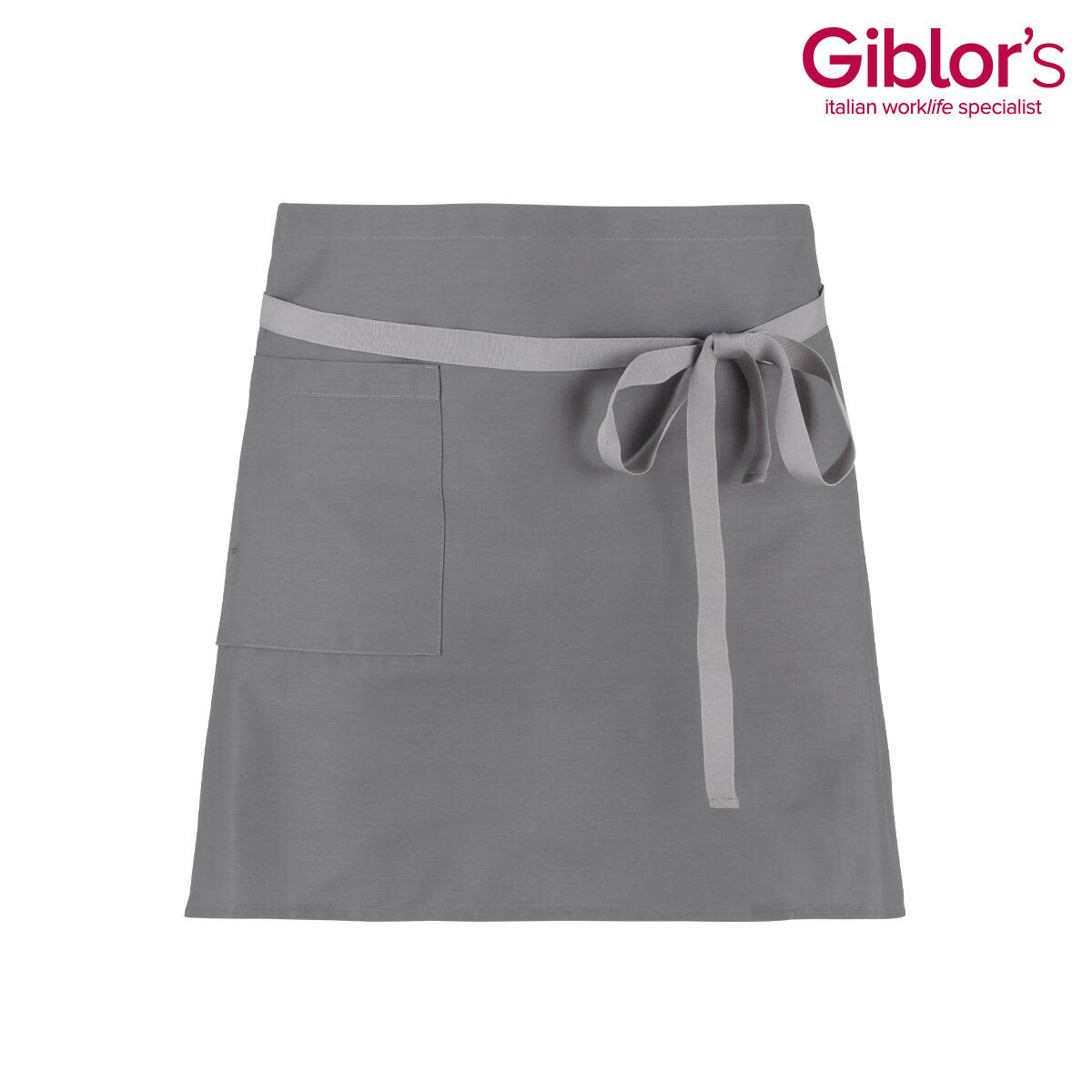 A grey apron with a tie waist and a front pocket, featuring a logo at the top. Bari Apron - Image 1