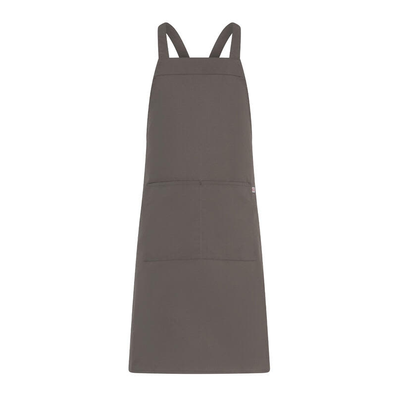 A grey apron with adjustable straps and two front pockets. It features a logo at the side. Mykonos Apron - Image 1