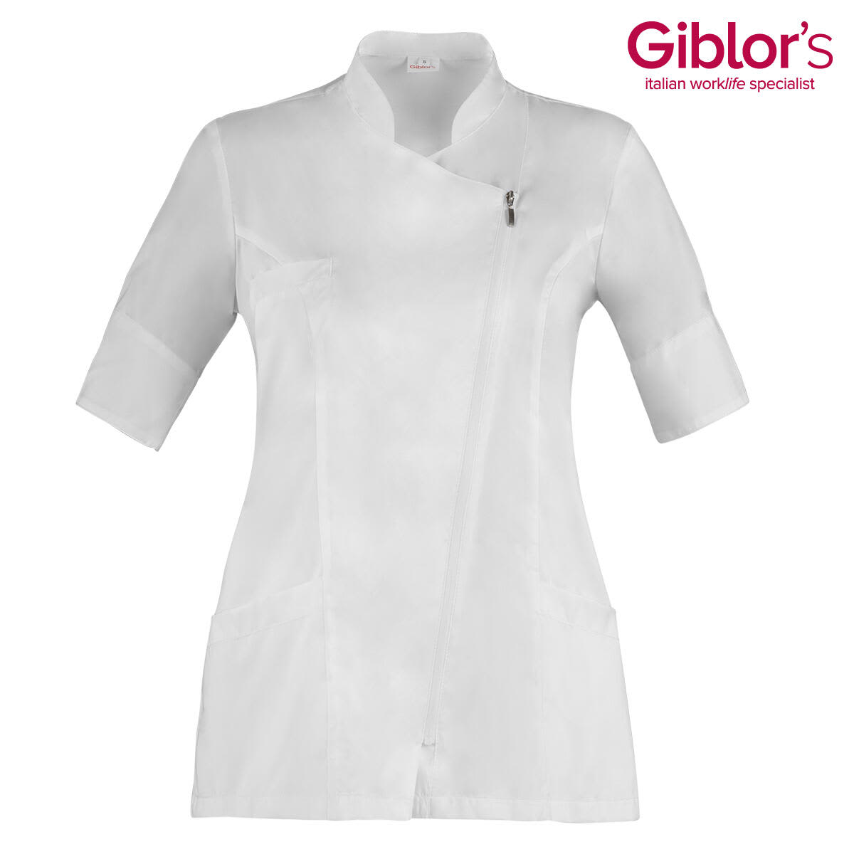 A white tunic with short sleeves and a zip closure, featuring pockets and a logo. Carmen Tunic - Image 1