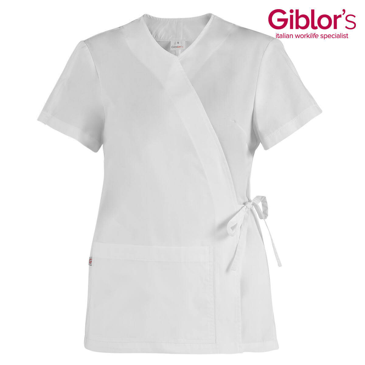 A white kimono-style top with a wrap design, tie waist, and a front pocket, featuring a logo. Ilaria Kimono - Image 1