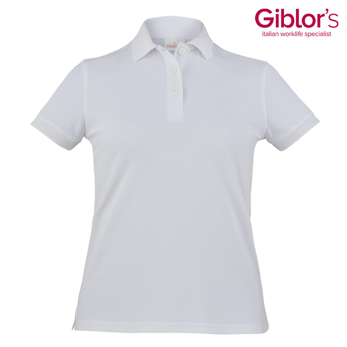 A white women's polo shirt featuring a collar and buttons, with a logo in the top right corner. Susan Polo - Image 1