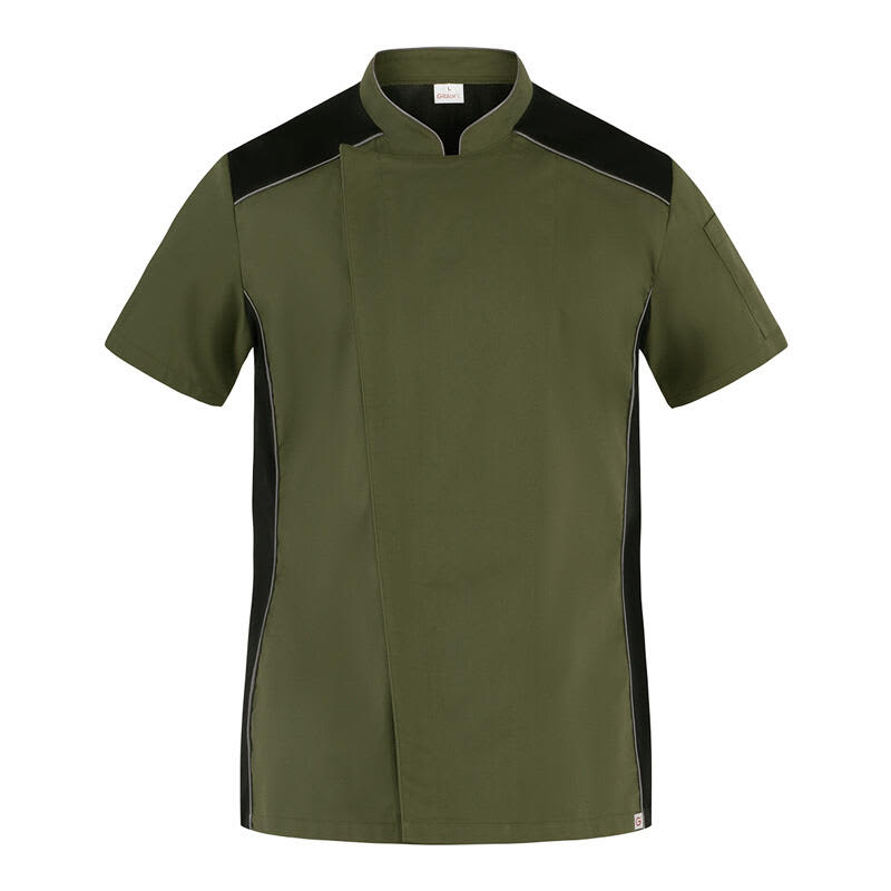 A short-sleeved chef jacket in olive green with black accents and a branding logo. Omar Chef Jacket - Image 1