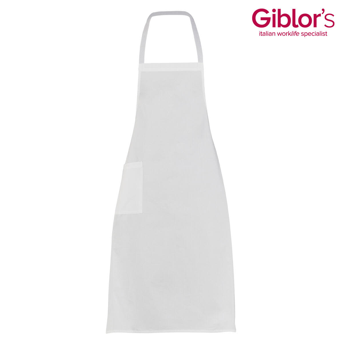 A white apron with a pocket, featuring a logo in the upper corner. Ancona Apron - Image 1