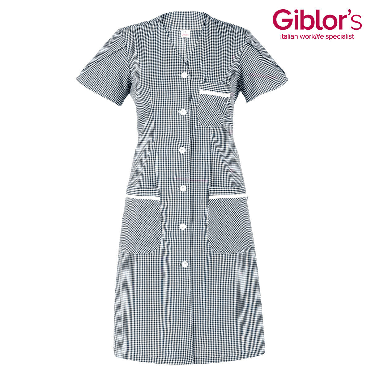 A short-sleeved dress in a black and white gingham pattern with buttons and pockets, featuring a logo. Viola Dress - Image 1