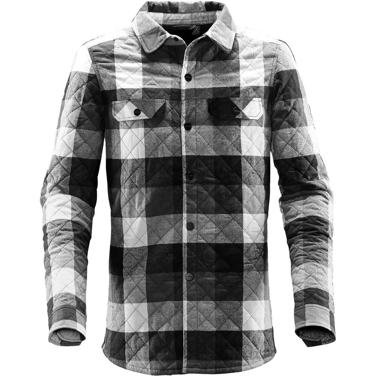 A black and white plaid shacket with a quilted pattern, featuring a button front and two chest pockets. Men's North Beach Shacket - Image 1