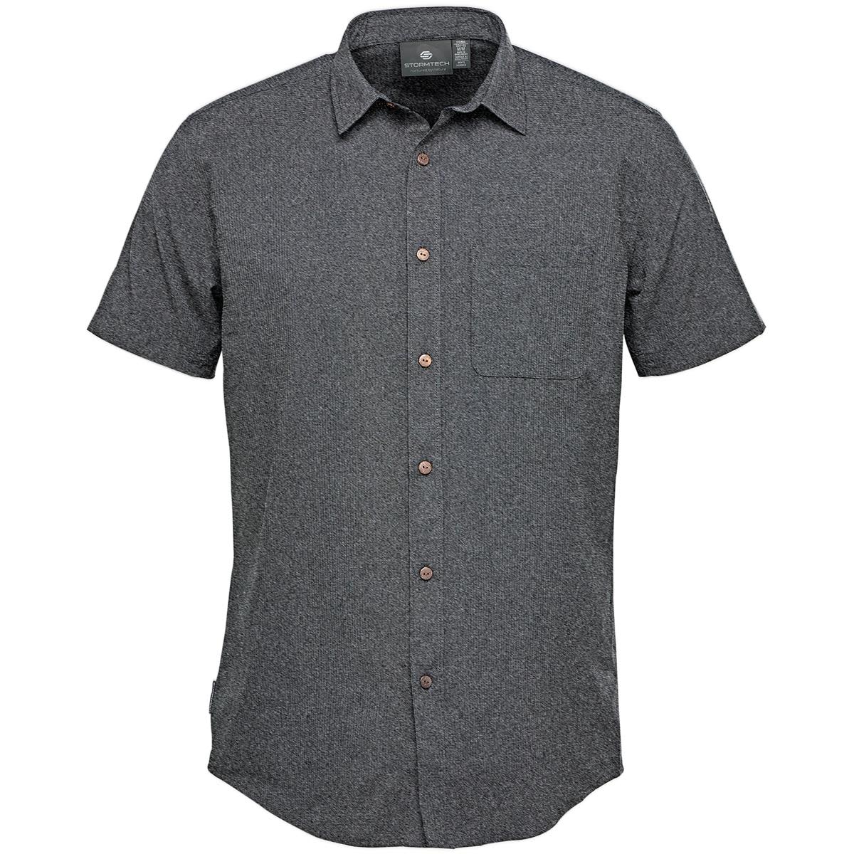 A short-sleeve, button-up shirt in a dark grey colour with a single chest pocket and branded label. Men's Azores Quick Dry Shirt - Image 1
