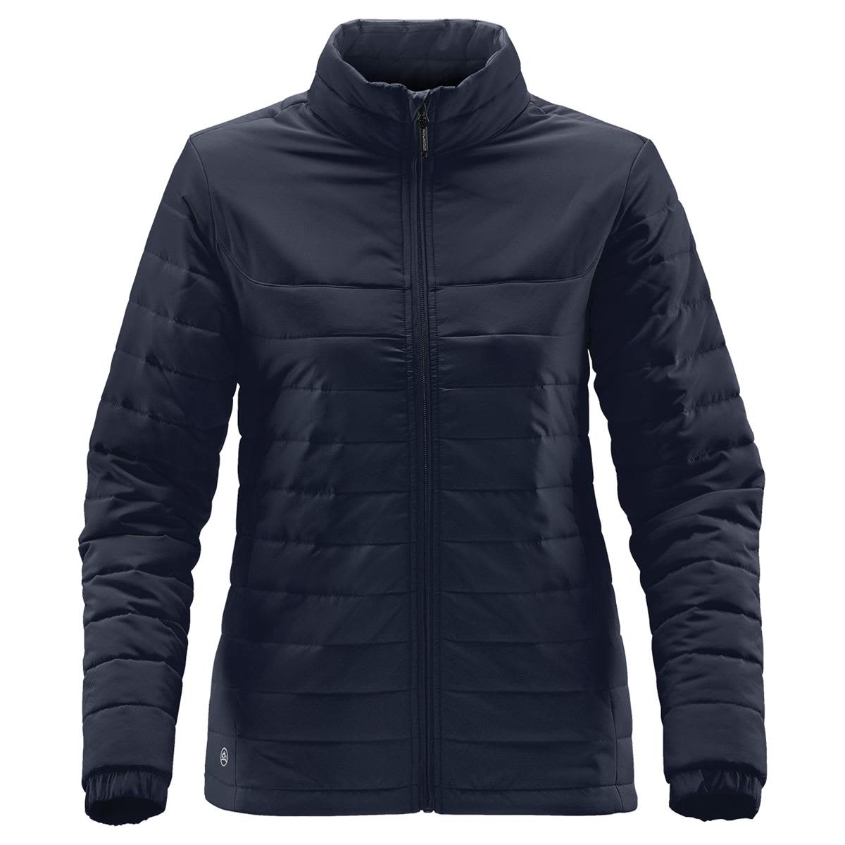 A women's quilted jacket in navy blue with a zippered front and a high collar, featuring a logo on the lower hem. Women's Nautilus Quilted Jacket - Image 1