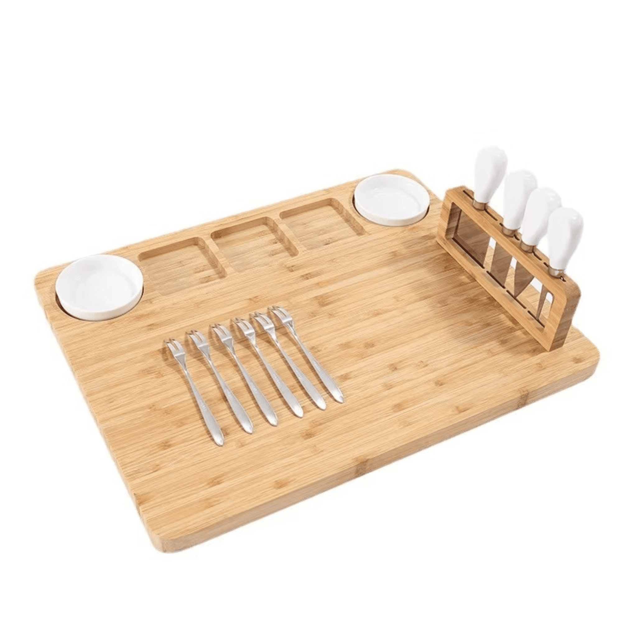 A bamboo platter with two white bowls, six forks, and a knife block, featuring a natural wood finish. Gurung Platter - Image 1