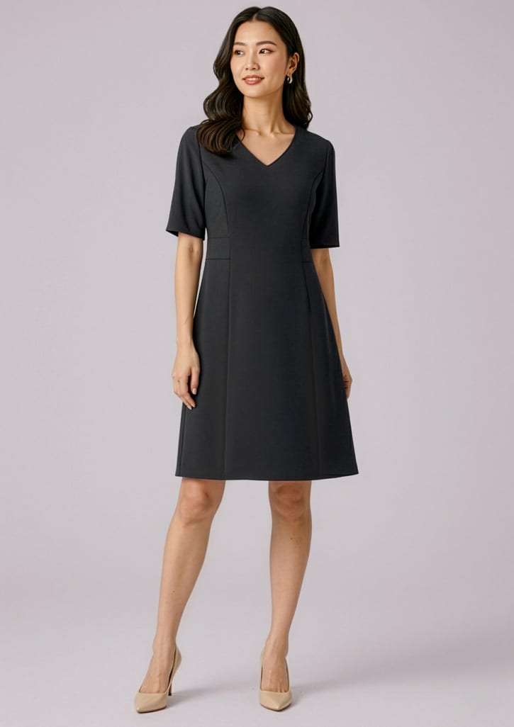 A dress in dark grey with extended short sleeves and a V-neckline, featuring a brand logo. Womens Siena Extended Short Sleeve Dress - Image 1