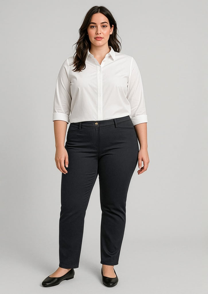 A model wears navy slim leg stretch chino pants paired with a white button-up shirt and black flats. Womens Slim Leg Stretch Chino Pant - Image 1