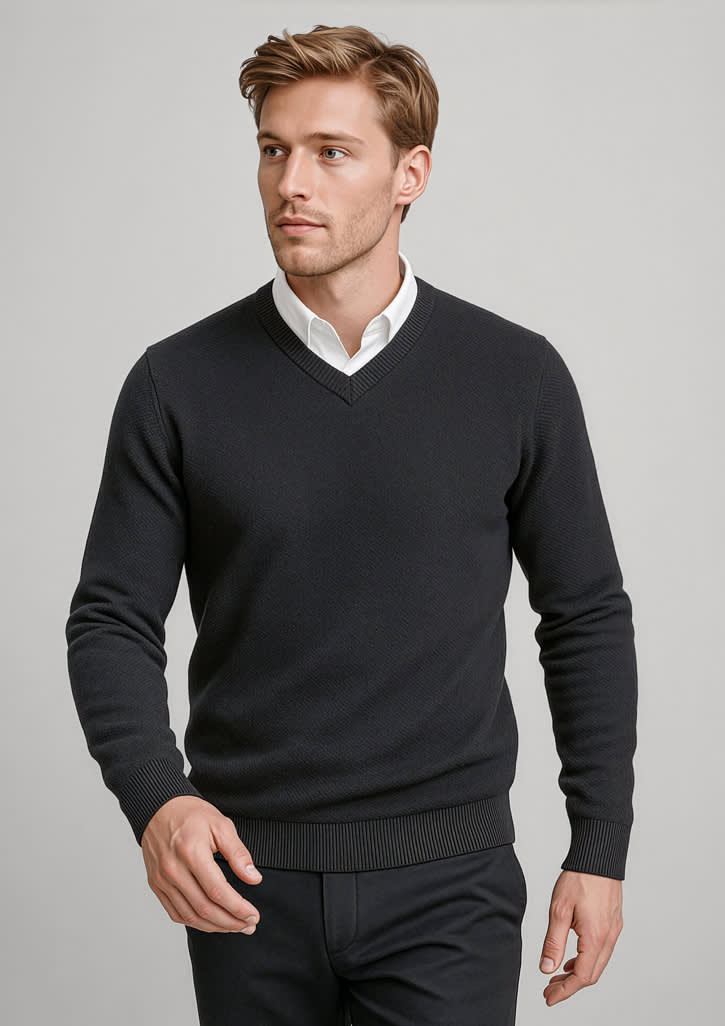 A knitted jumper in dark grey with a v-neck design, featuring long sleeves and a ribbed hem. Mens Osaka Pineapple Knit Jumper - Image 1