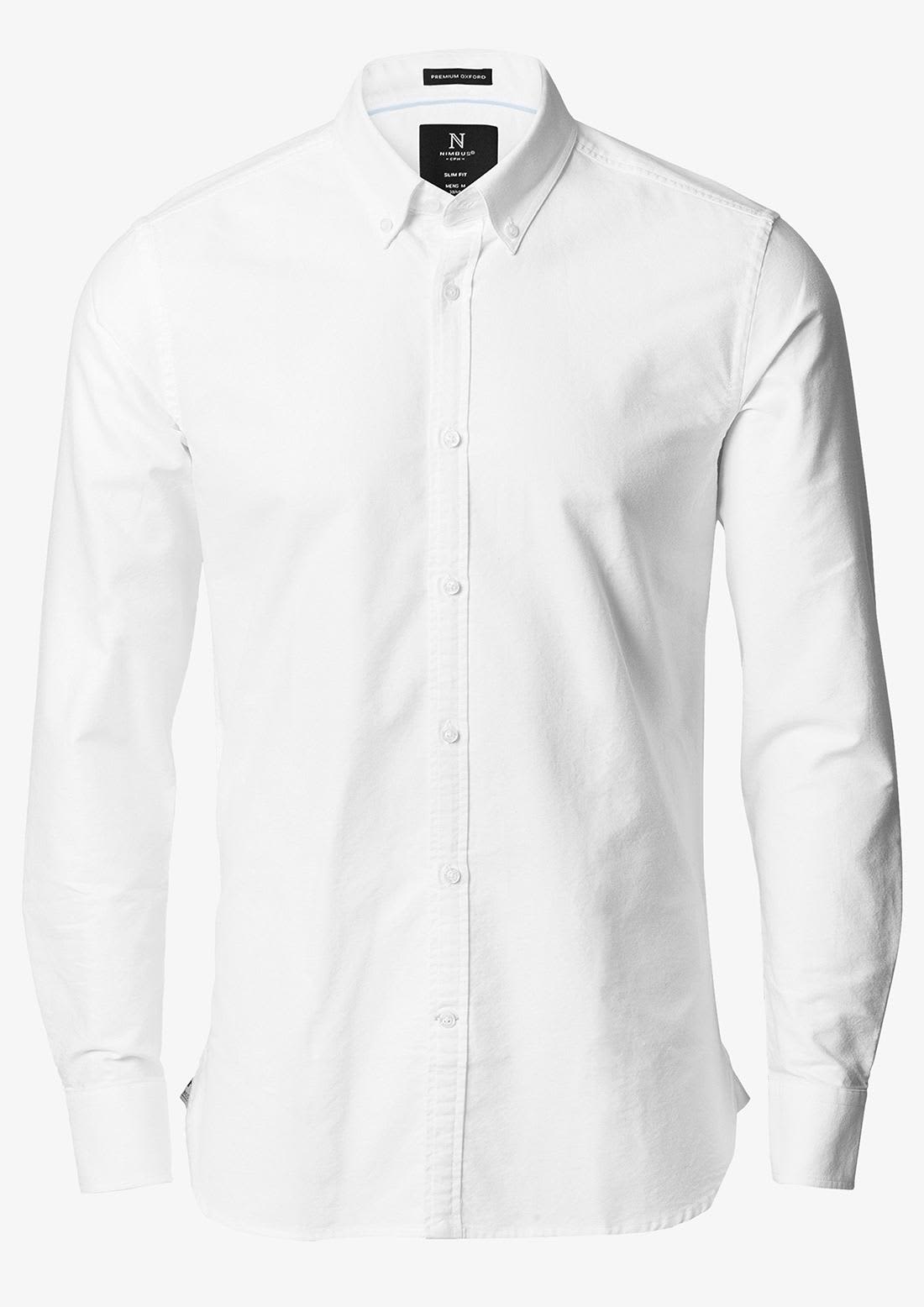 A white, long-sleeved button-up shirt with a collar and single branding on the label. Rochester Slim Fit Men Shirt - Image 1