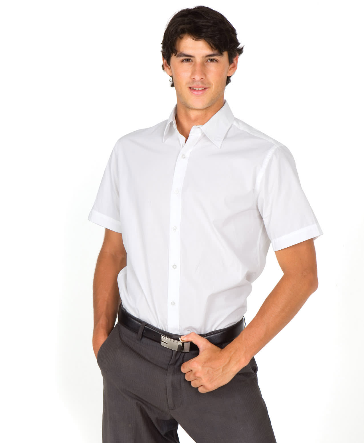 A short-sleeve button-up shirt in white, modelled by a man with dark hair, wearing grey trousers. The shirt features a logo. Mens Short Sleeve Shirts - Image 1
