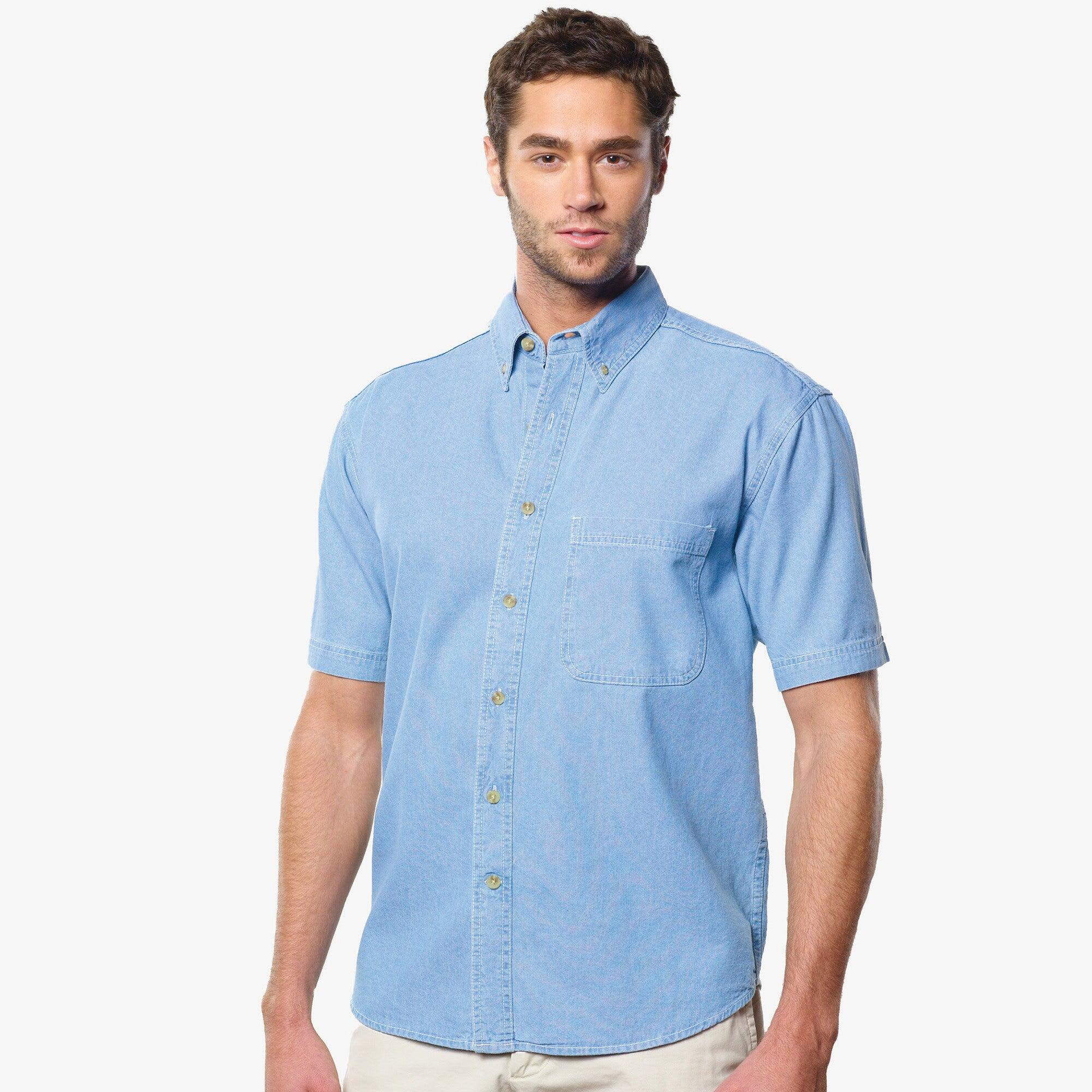 A short sleeve cotton denim shirt in light blue, featuring a button-up front and a single chest pocket. Short Sleeve Cotton Denim Shirt - Image 1