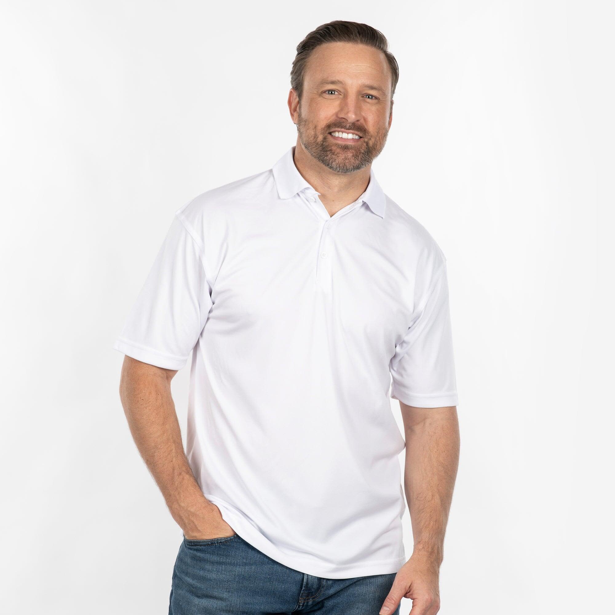 A white polo shirt with short sleeves, displayed on a smiling man. The shirt features a collar and has a logo. The Universal Polo - Image 1