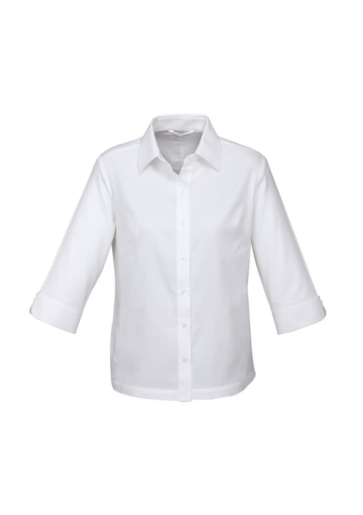 A white women's 3/4 sleeve button-up shirt with a collar and rolled sleeves, featuring a small logo. Womens Luxe 3/4 Sleeve Shirt - Image 1