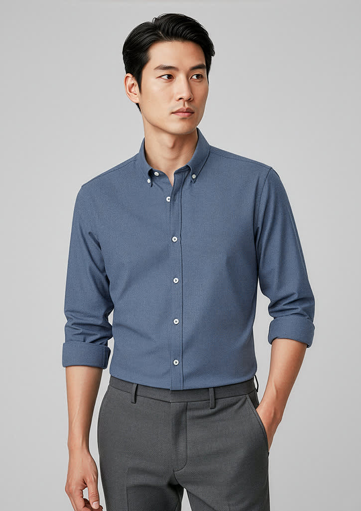 A men's long sleeve button-up shirt in a deep blue colour, featuring a collar and rolled-up sleeves. Mens Memphis Long Sleeve Shirt - Image 1
